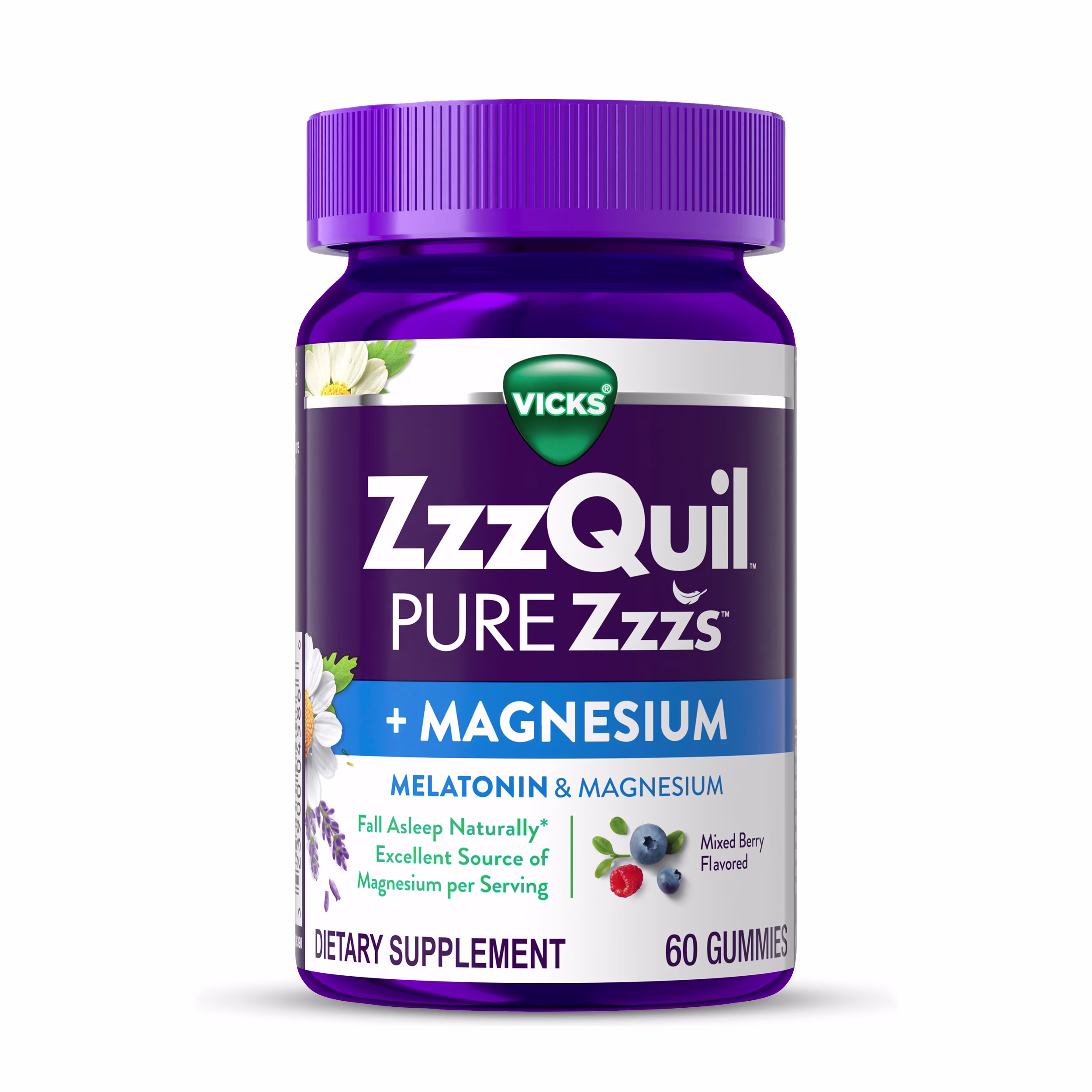 Purple bottle of Vicks ZzzQuil Pure Zzzs + Magnesium sleep aid supplement containing 60 mixed berry flavored gummies.