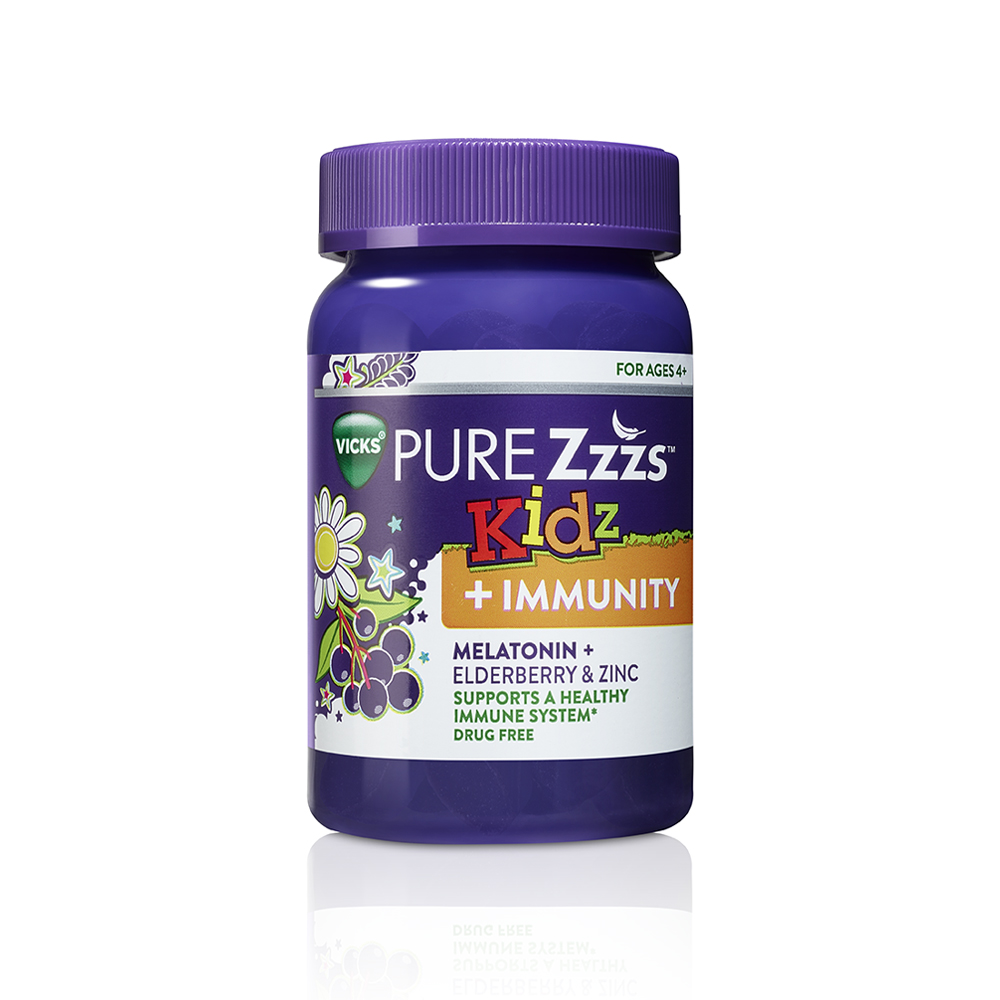 Purple bottle of PURE Zzzs Kidz + Immunity melatonin gummies.