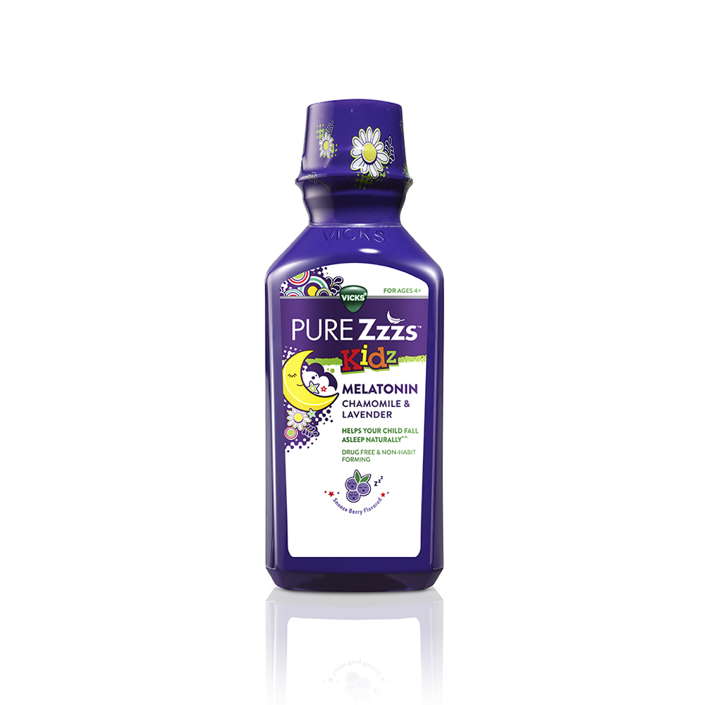 Purple bottle of Zzzquil PURE Zzzs Kidz Melatonin Liquid.