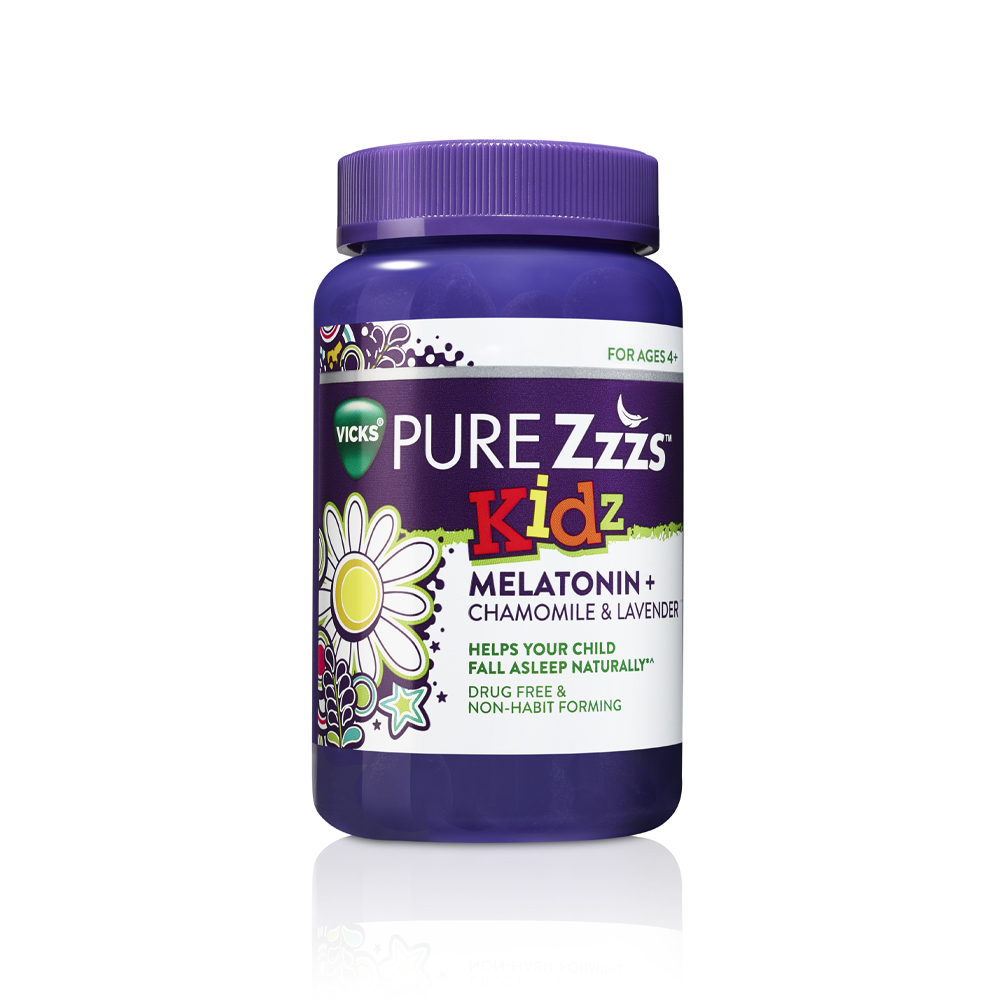 Purple bottle of Pure Zzzs Kidz Melatonin Sleep Aid Gummies.