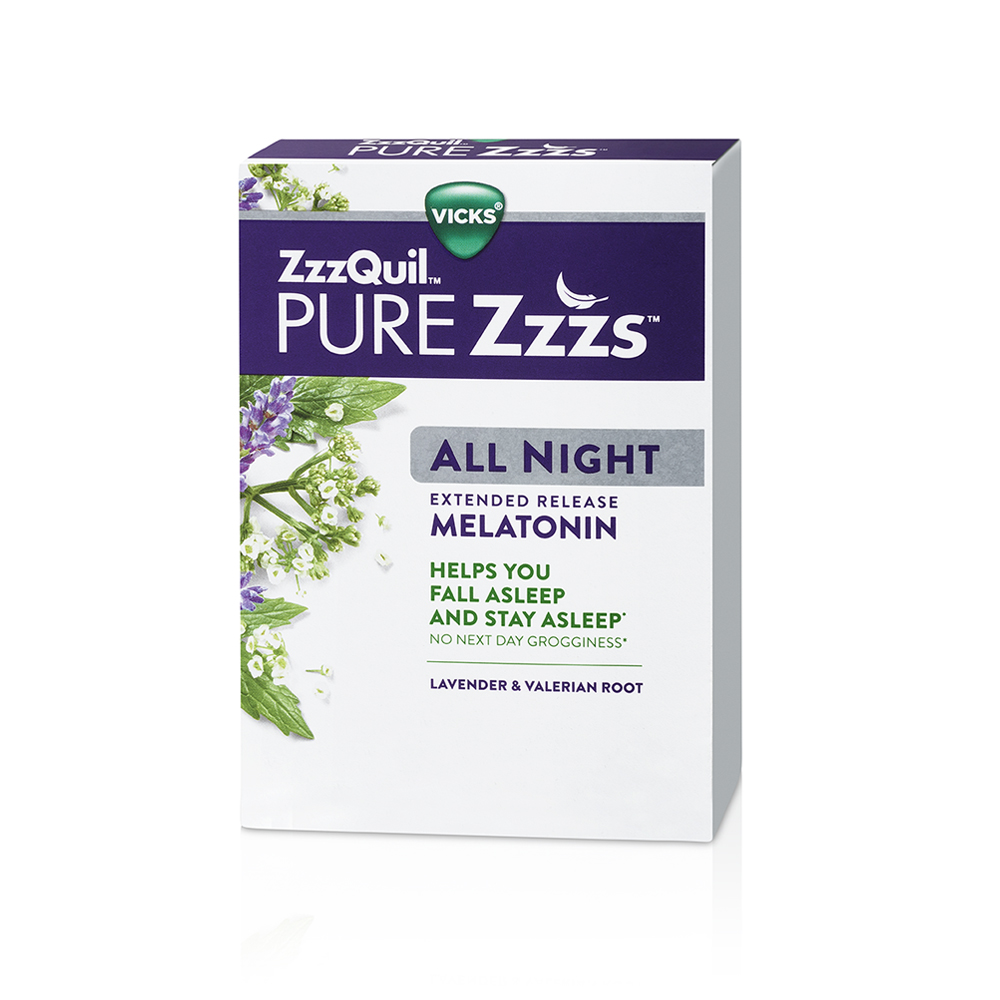 Package of ZzzQuil PURE Zzzs All Night Extended Release Melatonin Tablets.