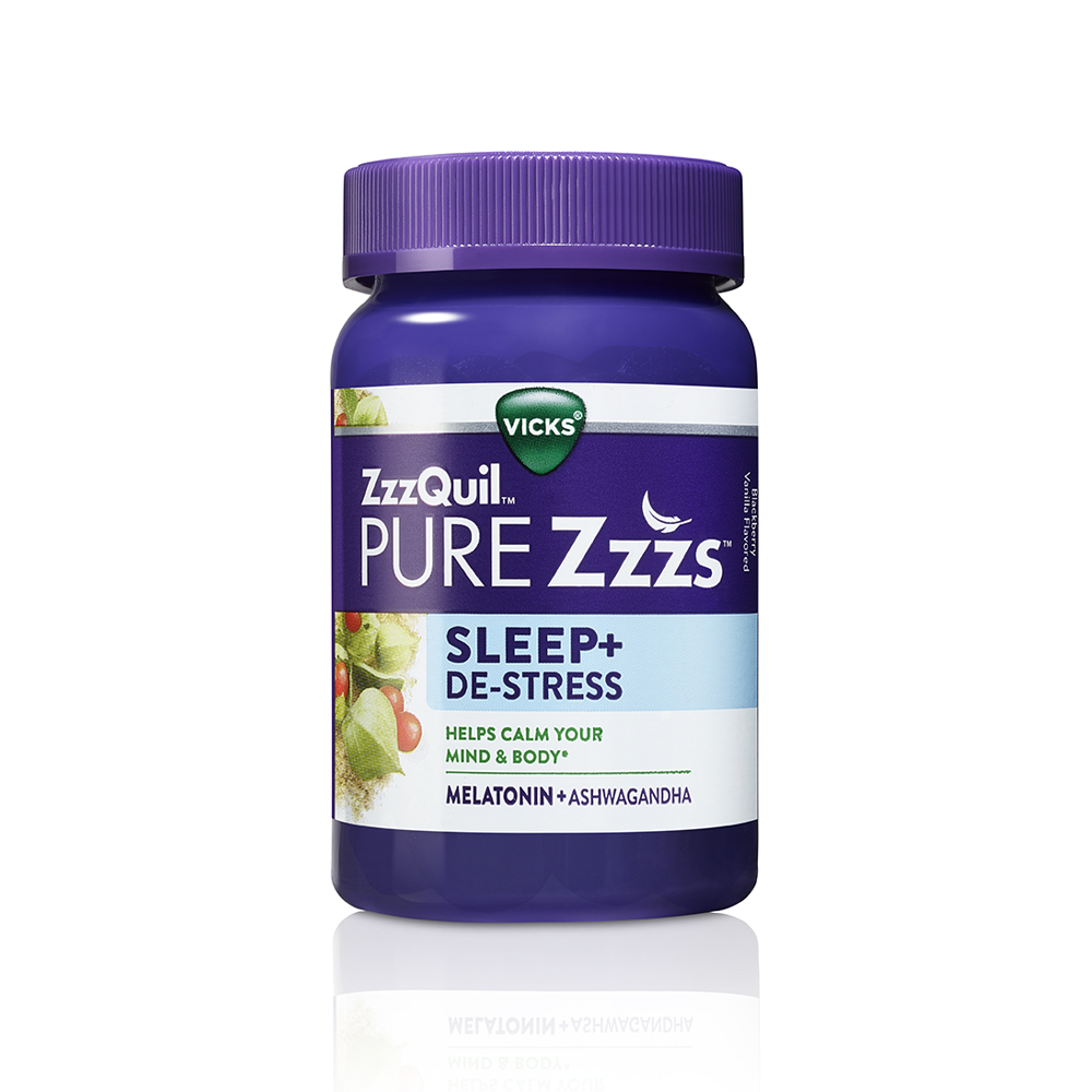 Purple bottle of ZzzQuil PURE Zzzs Sleep+ Destress Melatonin Gummies.