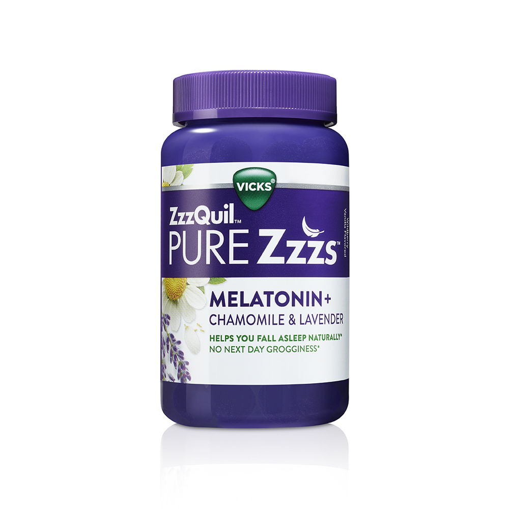 Purple bottle of ZzzQuil PURE Zzzs Melatonin Sleep Aid Gummies.