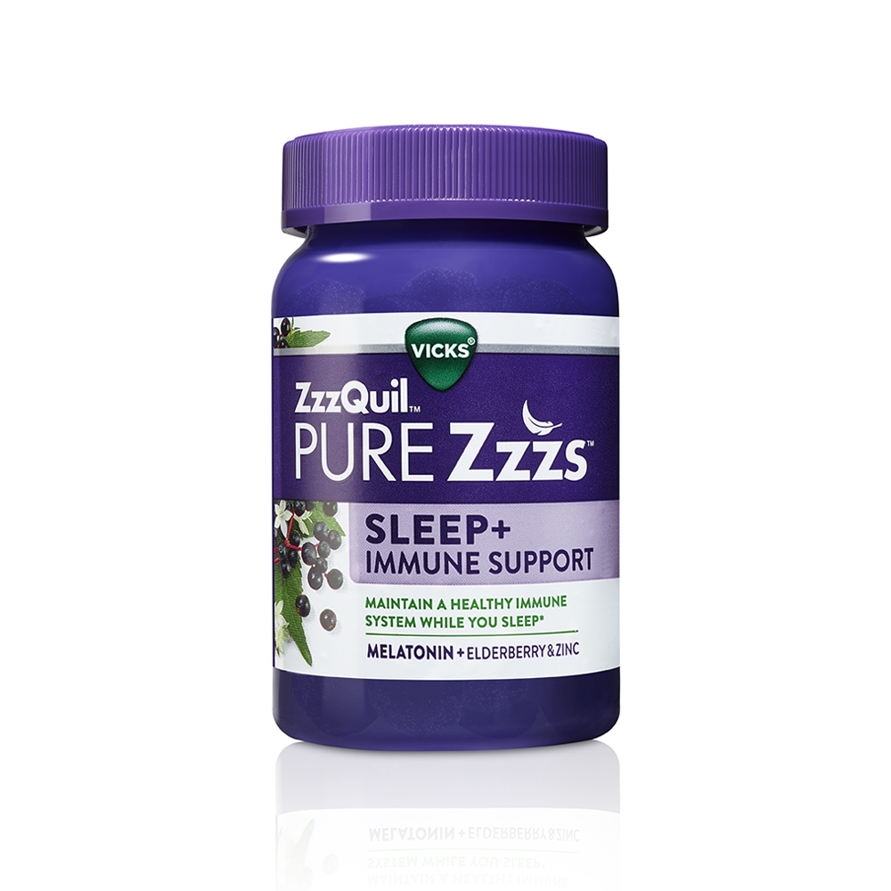 Purple bottle of ZzzQuil PURE Zzzs Sleep+ Immune Support Melatonin Gummies.