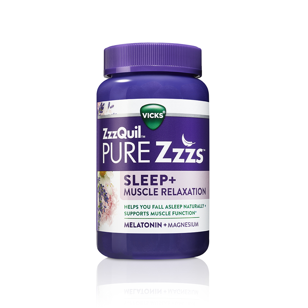 Purple bottle of ZzzQuil PURE Zzz’s Sleep+ Muscle Relaxation Melatonin Gummies.
