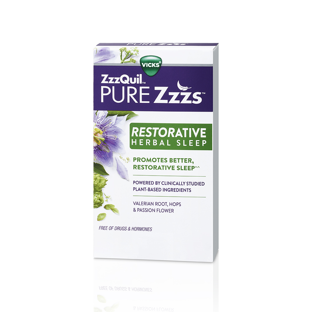 A package of ZzzQuil Pure Zzzs Restorative Herbal Sleep tablets.