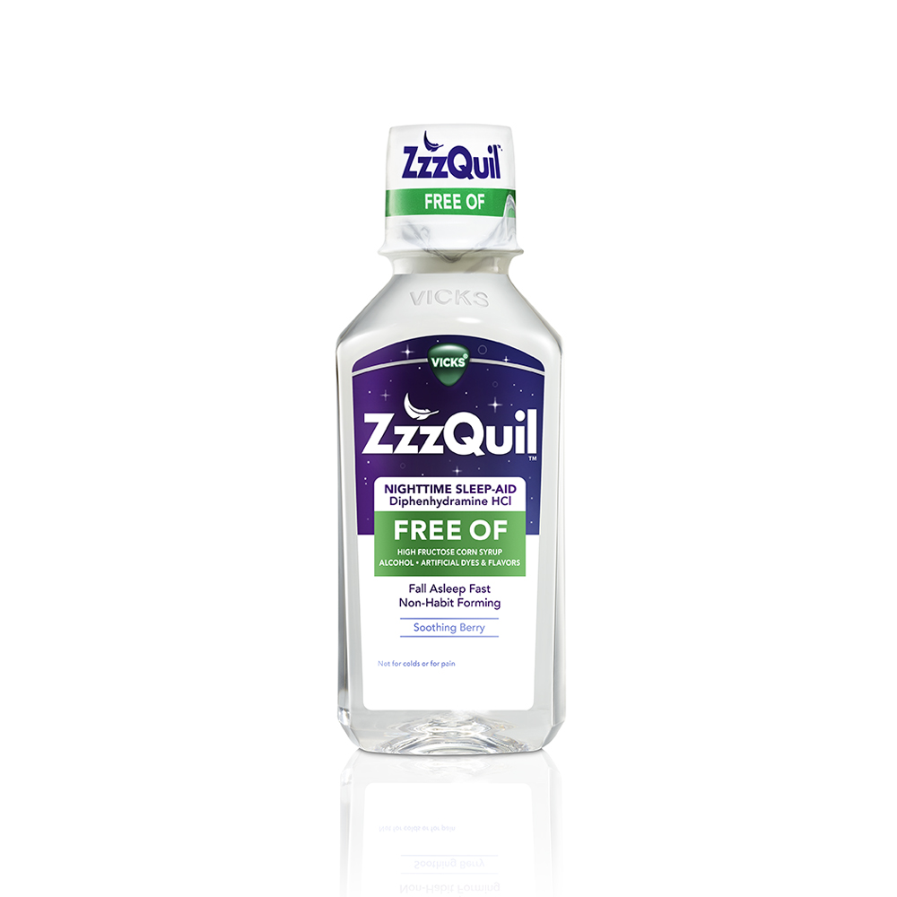 White bottle of ZzzQuil Alcohol Free Liquid sleep aid.