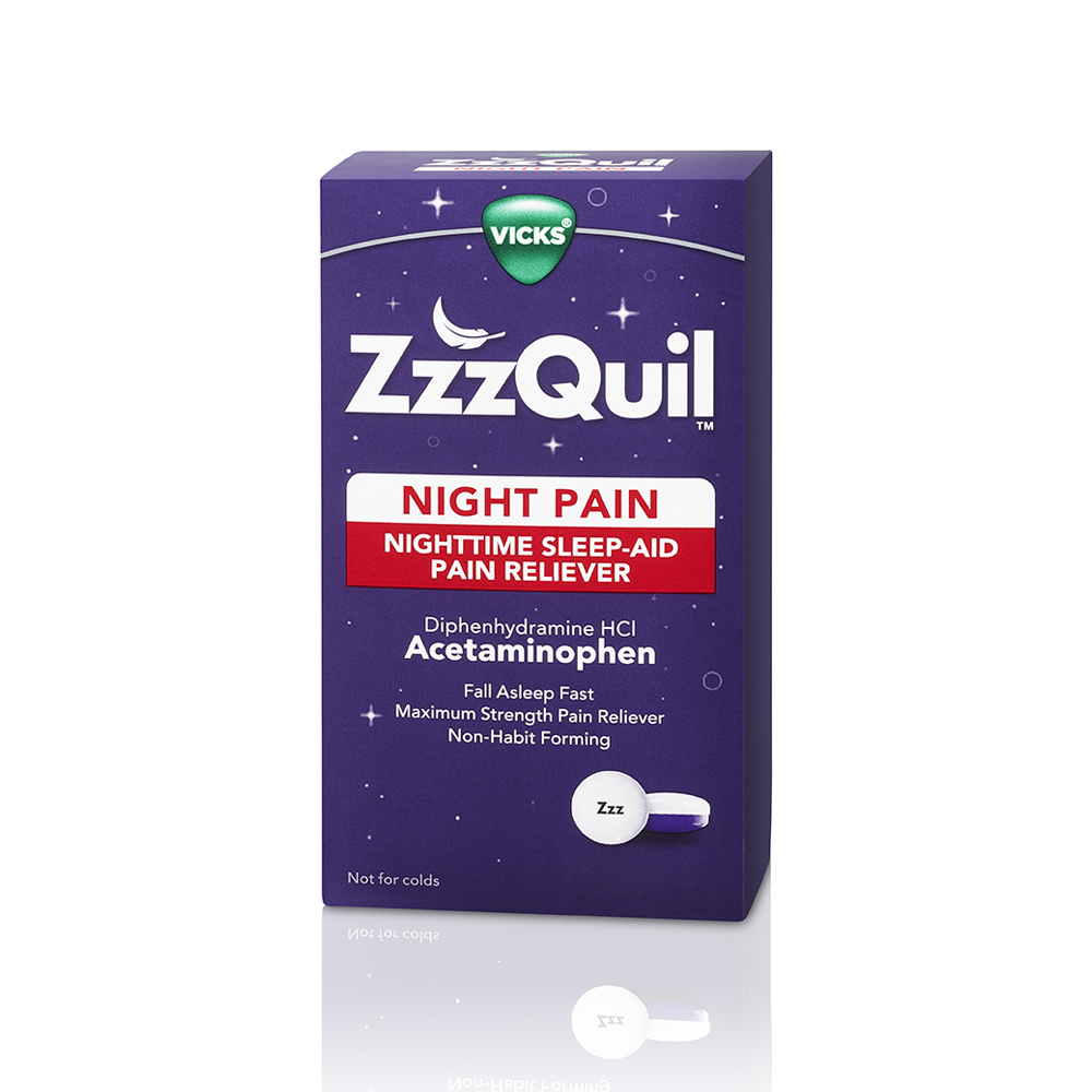 Purple package of ZzzQuil Night Pain nighttime sleep-aid and pain reliever.