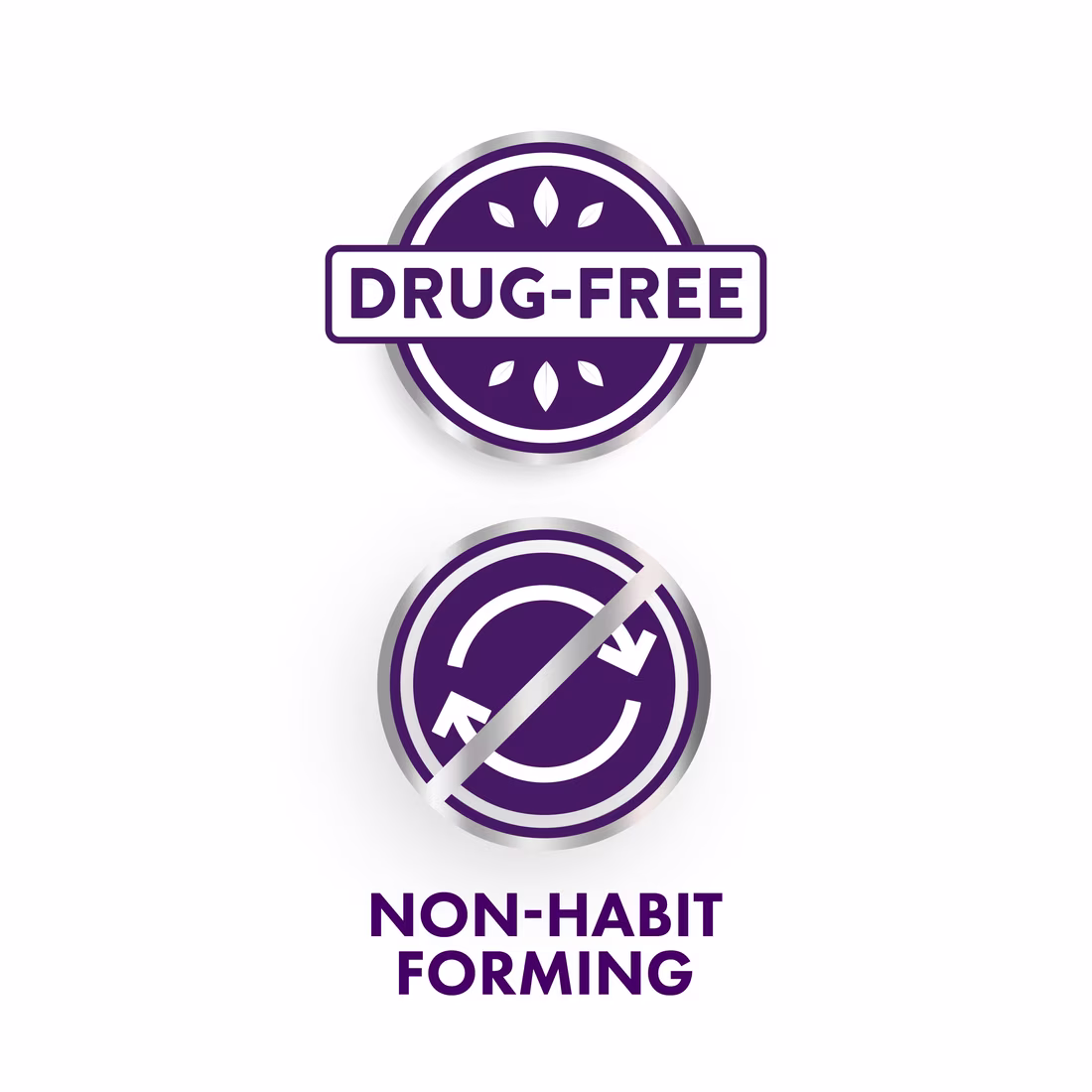 Two purple circular icons with text "Drug Free" and "Non-Habit Forming" on white background.