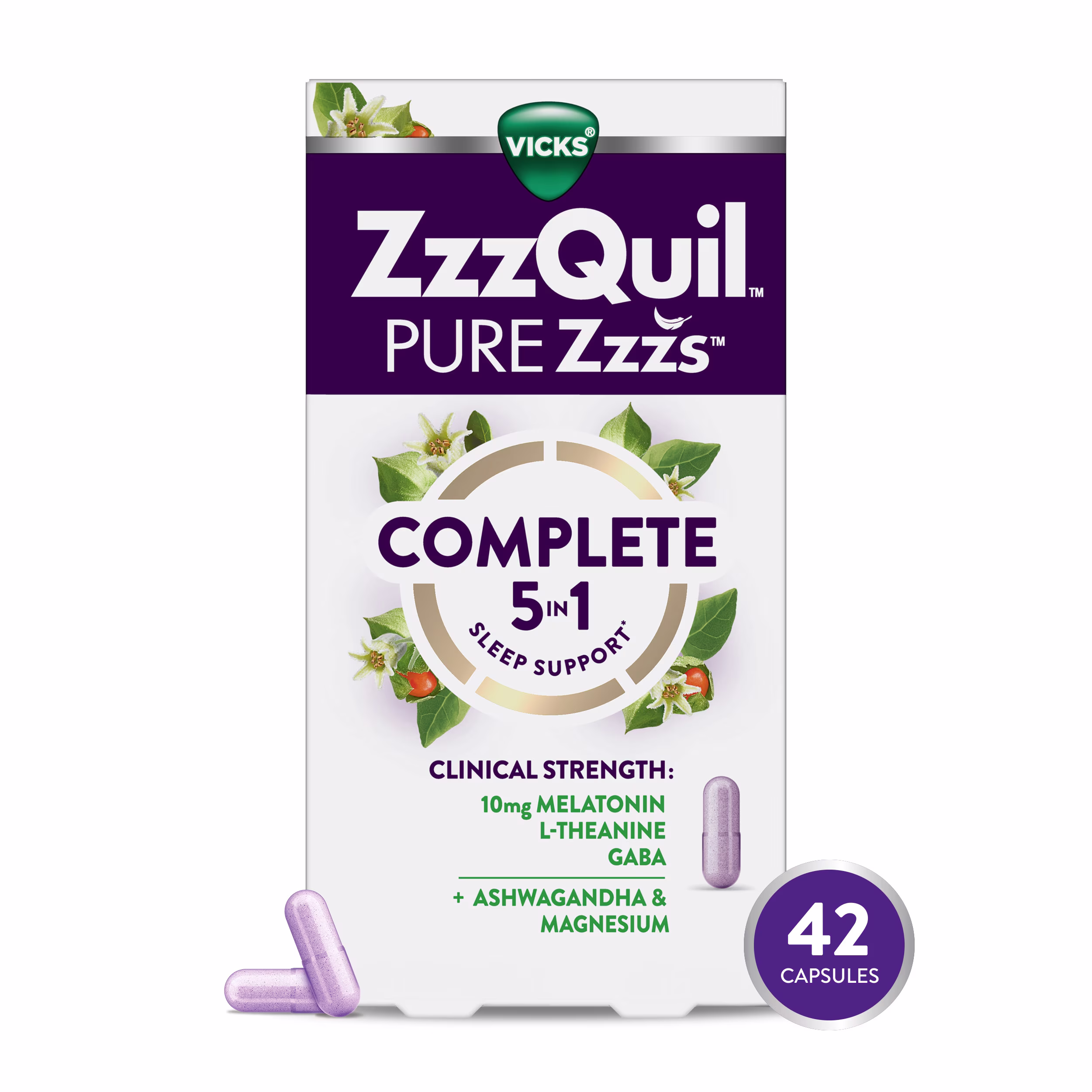 ZzzQuil Pure Zzzs Complete 5-in-1 sleep supplement with melatonin, 42 capsules in white and purple packaging.
