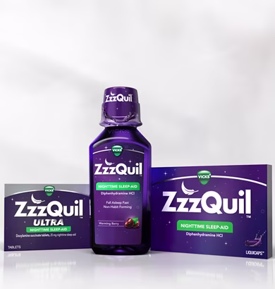 Assorted ZzzQuil sleep aid products displayed on a white background, including a box of ZzzQuil Ultra tablets, a package of ZzzQuil liquicaps, and a bottle of Nighttime Sleep-Aid liquid