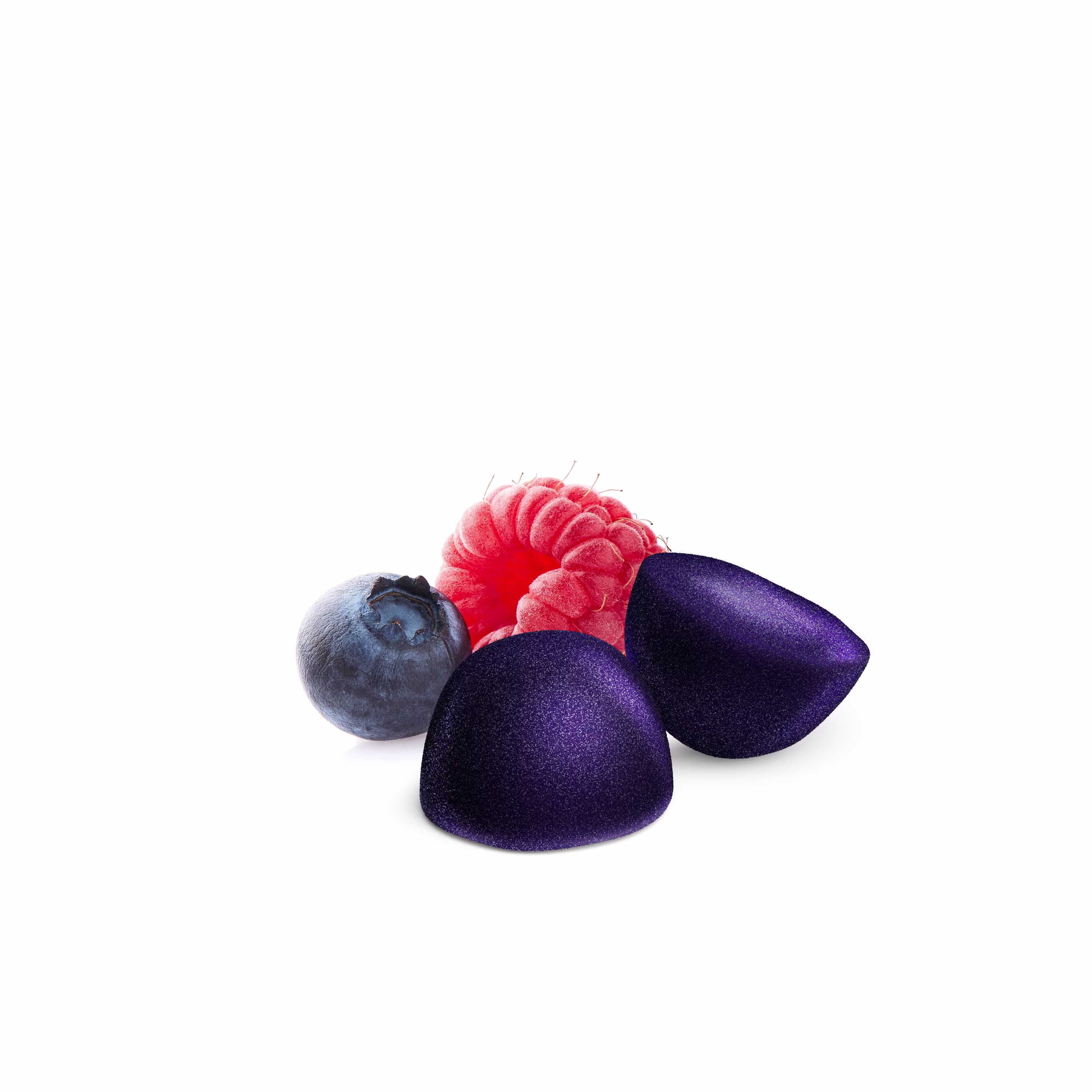 Two purple sleep aid gummies with fresh raspberry and blueberry on a white background.