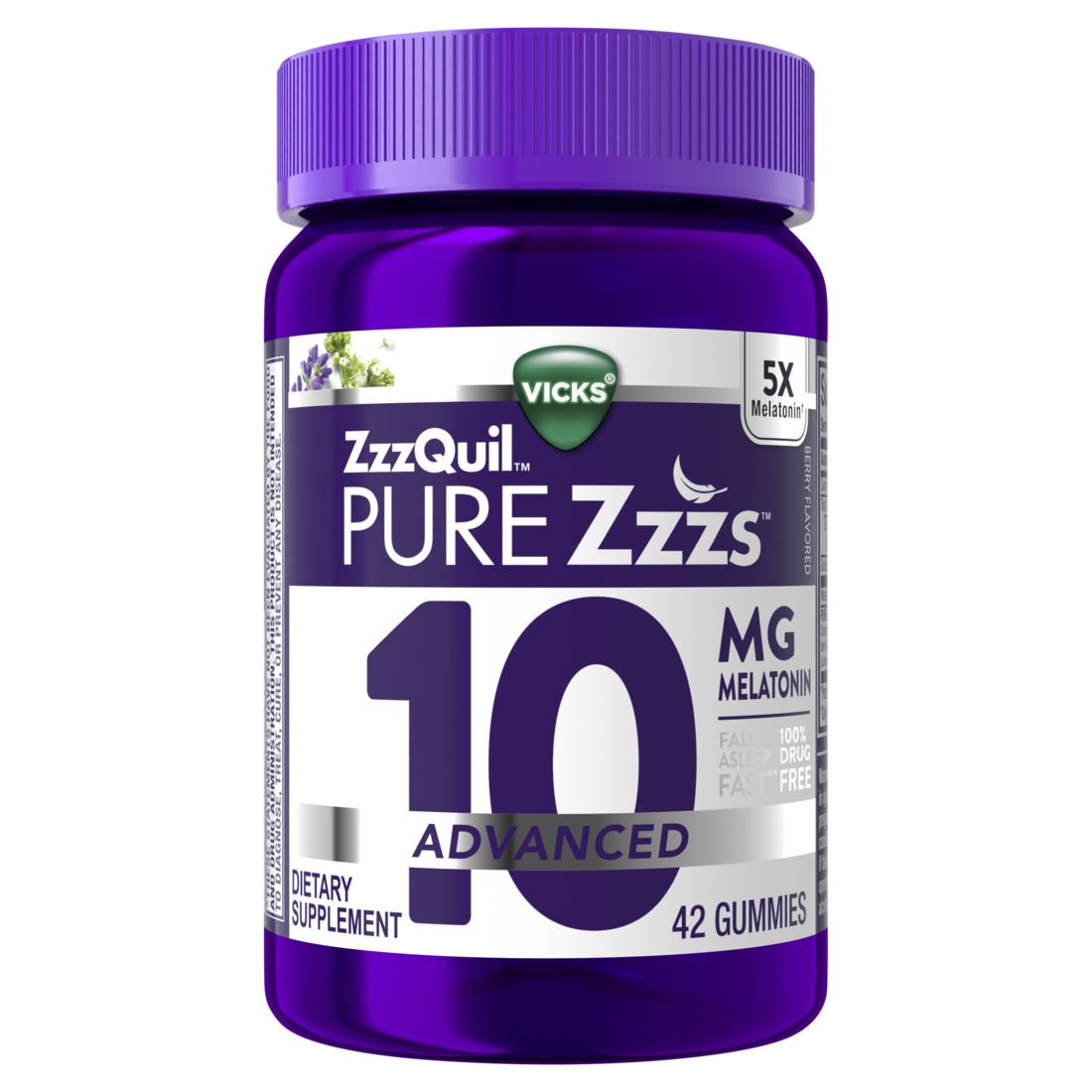 Purple bottle of ZzzQuil PURE Zzzs Advanced 10mg Melatonin Gummies.
