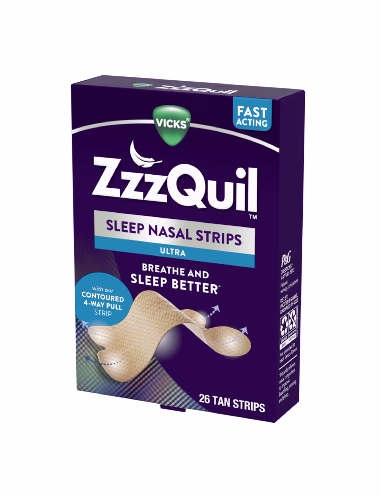 Purple package of ZzzQuil Sleep Nasal Strips Ultra.
