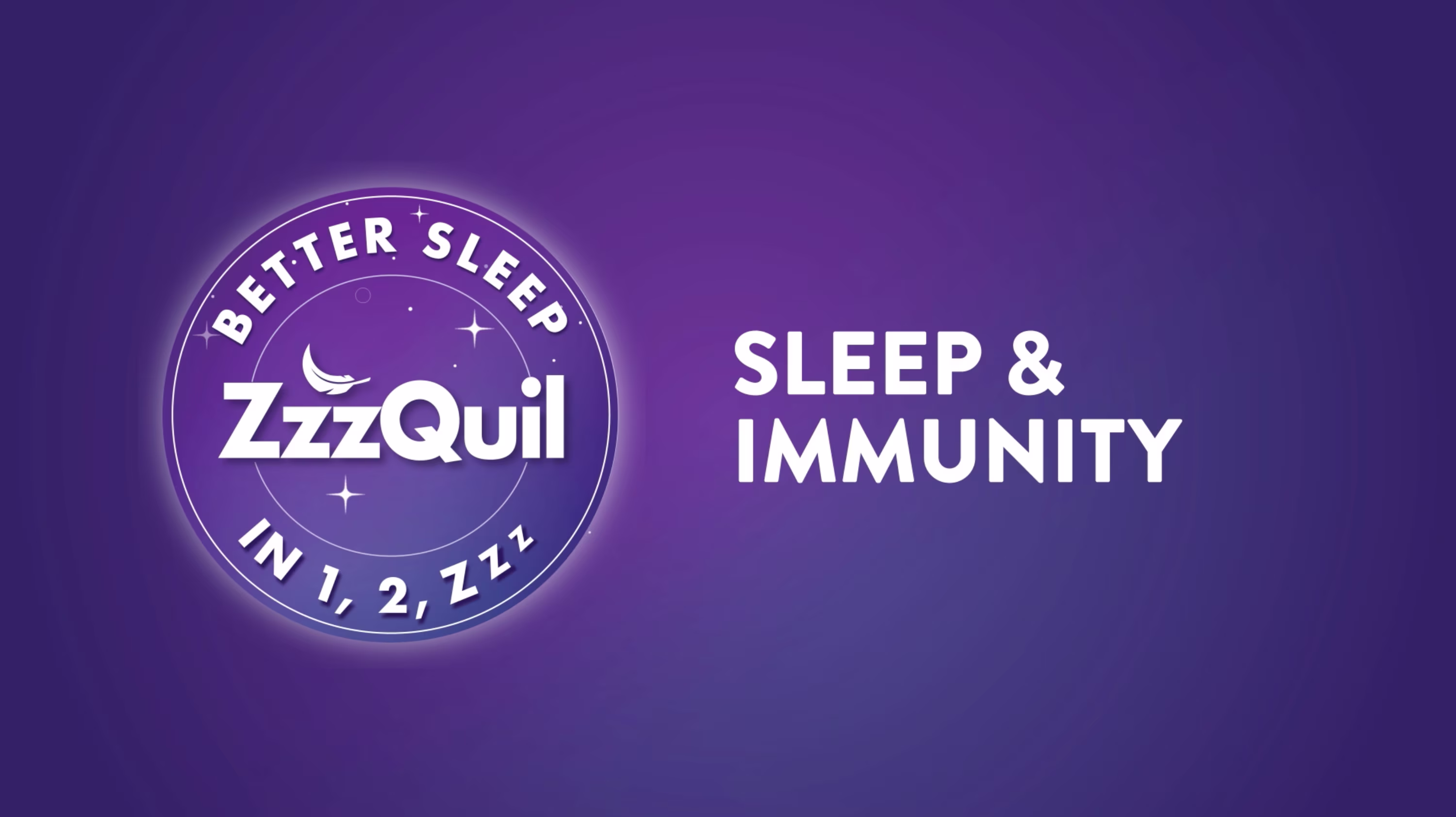 ZzzQuil logo with tagline Better Sleep and text "Sleep and Immunity" on a purple background.