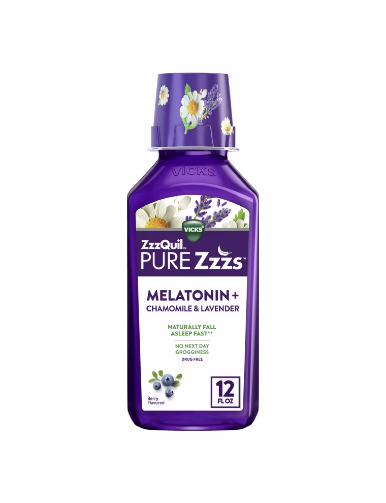 Purple bottle of ZzzQuil PURE Zzzs Liquid Melatonin sleep aid.